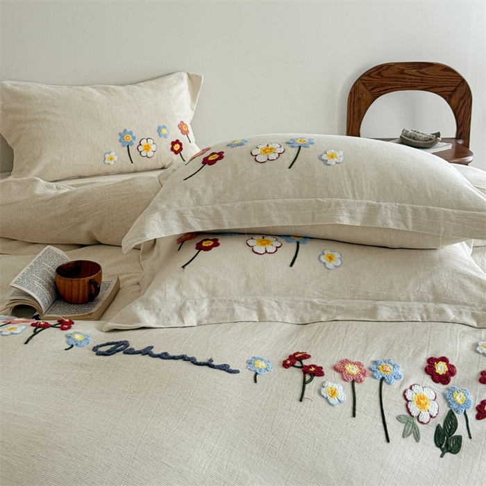 91家纺网 家纺一手货源 找家纺 （总）绒棉世家 2025新款20%亚麻80%棉双层棉麻刺绣四件套