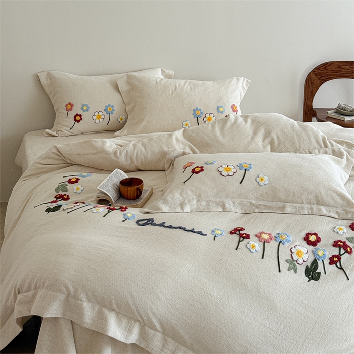 91家纺网 家纺一手货源 找家纺 （总）绒棉世家 2025新款20%亚麻80%棉双层棉麻刺绣四件套