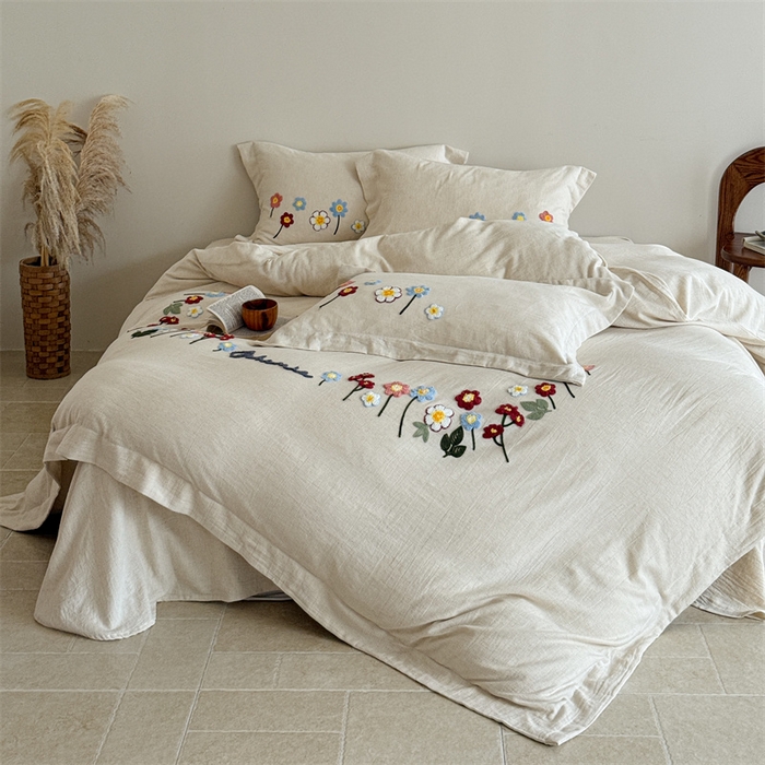 91家纺网 家纺一手货源 找家纺 （总）绒棉世家 2025新款20%亚麻80%棉双层棉麻刺绣四件套