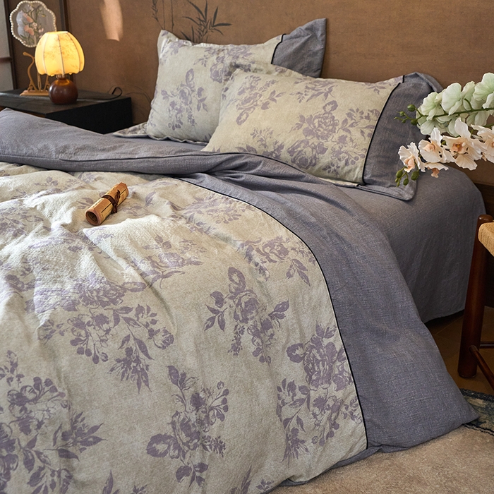 91家纺网 家纺一手货源 找家纺 悦织湾家纺 2025新款复古原麻四件套天然质朴舒适透气轻奢中式床单床笠款床上用品四件套 复古原麻-紫嫣