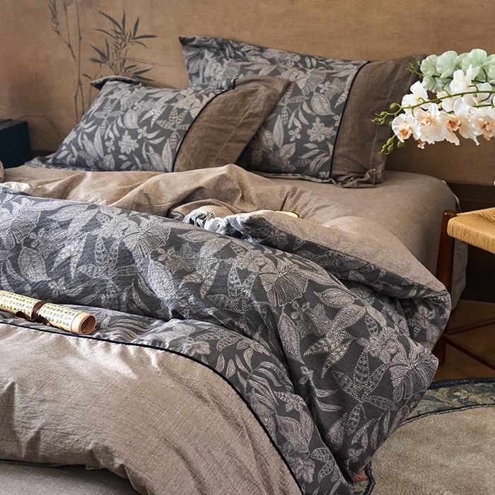 91家纺网 家纺一手货源 找家纺 悦织湾家纺 2025新款复古原麻四件套天然质朴舒适透气轻奢中式床单床笠款床上用品四件套 复古原麻-墨然生香