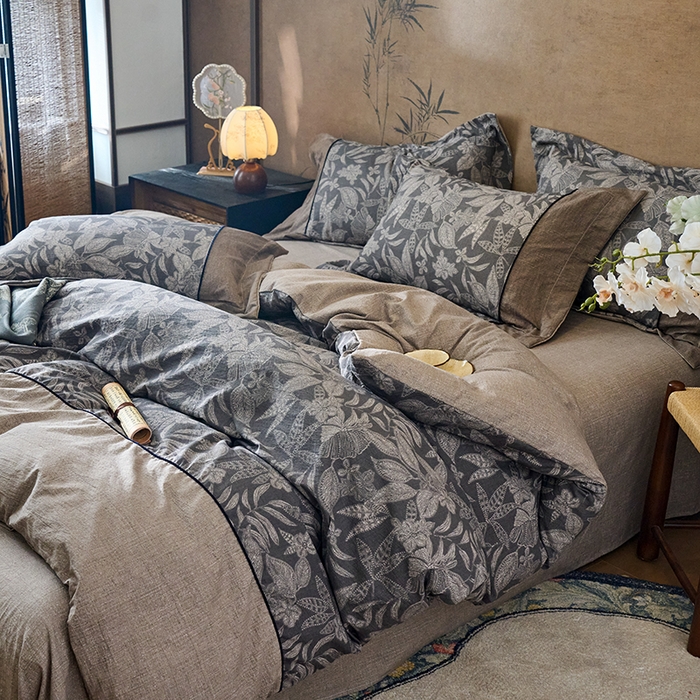 91家纺网 家纺一手货源 找家纺 悦织湾家纺 2025新款复古原麻四件套天然质朴舒适透气轻奢中式床单床笠款床上用品四件套 复古原麻-墨然生香