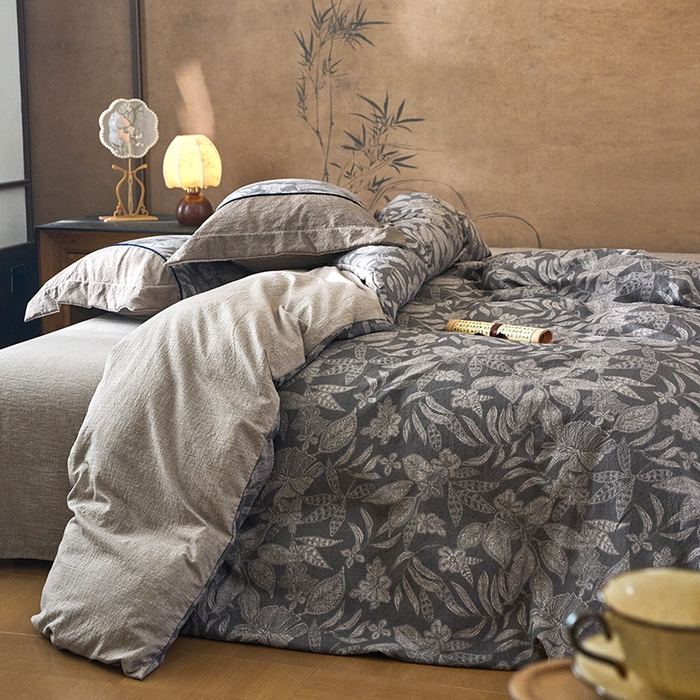 91家纺网 家纺一手货源 找家纺 悦织湾家纺 2025新款复古原麻四件套天然质朴舒适透气轻奢中式床单床笠款床上用品四件套 复古原麻-墨然生香