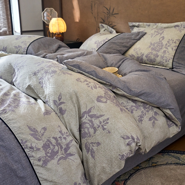 91家纺网 家纺一手货源 找家纺 悦织湾家纺 2025新款复古原麻四件套天然质朴舒适透气轻奢中式床单床笠款床上用品四件套 复古原麻-紫嫣