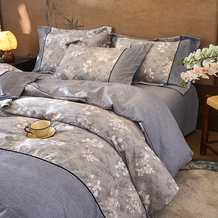 91家纺网 家纺一手货源 找家纺 悦织湾家纺 2025新款复古原麻四件套天然质朴舒适透气轻奢中式床单床笠款床上用品四件套 复古原麻-淡紫微光