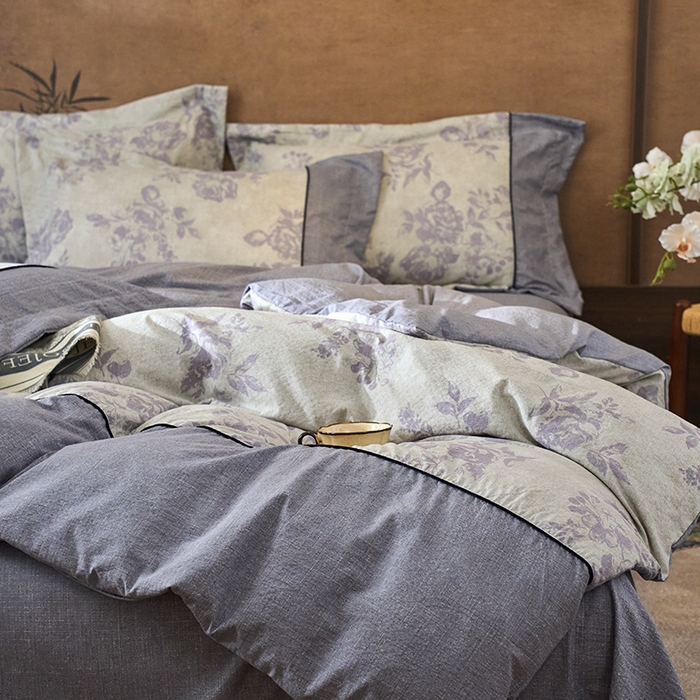 91家纺网 家纺一手货源 找家纺 悦织湾家纺 2025新款复古原麻四件套天然质朴舒适透气轻奢中式床单床笠款床上用品四件套 复古原麻-紫嫣