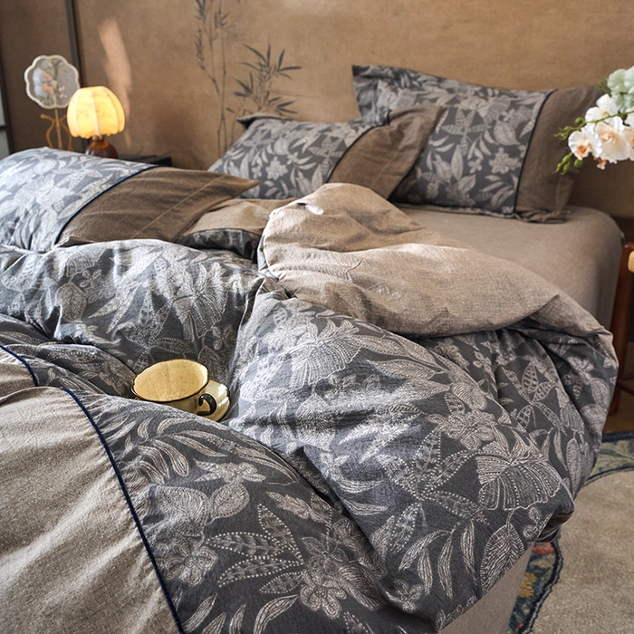 91家纺网 家纺一手货源 找家纺 悦织湾家纺 2025新款复古原麻四件套天然质朴舒适透气轻奢中式床单床笠款床上用品四件套 复古原麻-墨然生香