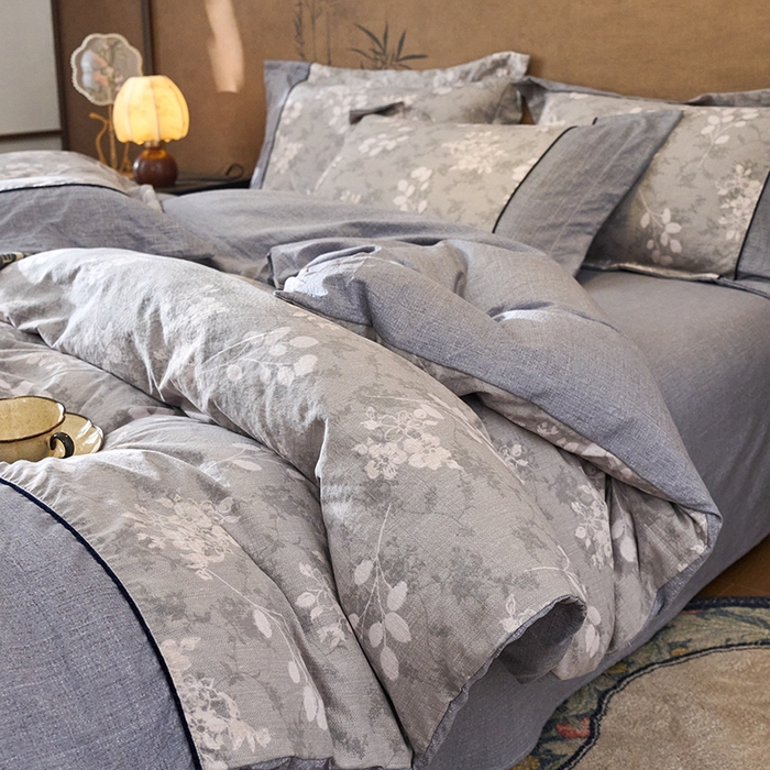 91家纺网 家纺一手货源 找家纺 悦织湾家纺 2025新款复古原麻四件套天然质朴舒适透气轻奢中式床单床笠款床上用品四件套 复古原麻-淡紫微光