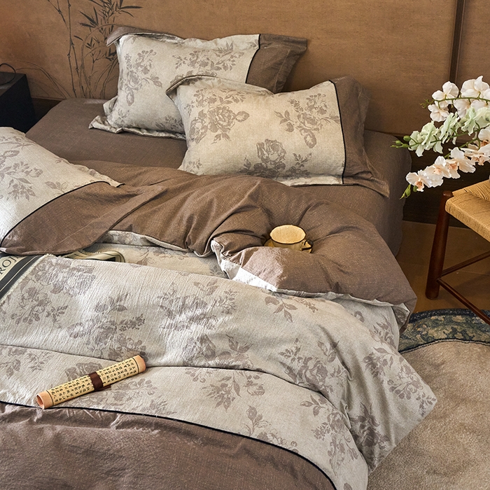 91家纺网 家纺一手货源 找家纺 悦织湾家纺 2025新款复古原麻四件套天然质朴舒适透气轻奢中式床单床笠款床上用品四件套 复古原麻-灰珀银霜