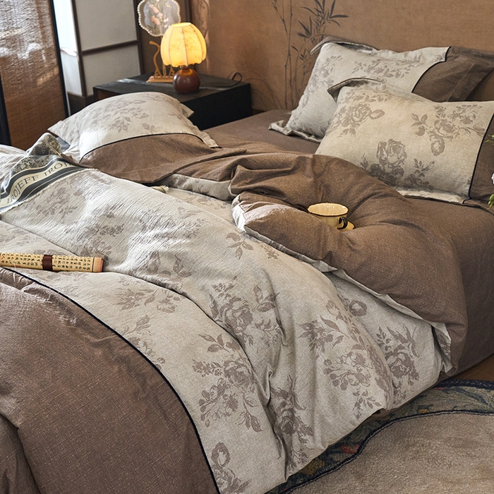 91家纺网 家纺一手货源 找家纺 悦织湾家纺 2025新款复古原麻四件套天然质朴舒适透气轻奢中式床单床笠款床上用品四件套 复古原麻-灰珀银霜