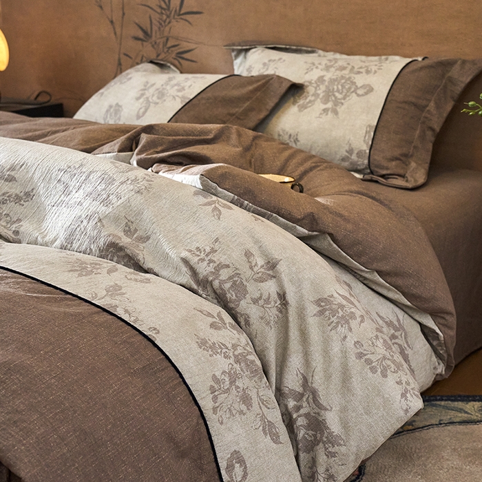 91家纺网 家纺一手货源 找家纺 悦织湾家纺 2025新款复古原麻四件套天然质朴舒适透气轻奢中式床单床笠款床上用品四件套 复古原麻-灰珀银霜