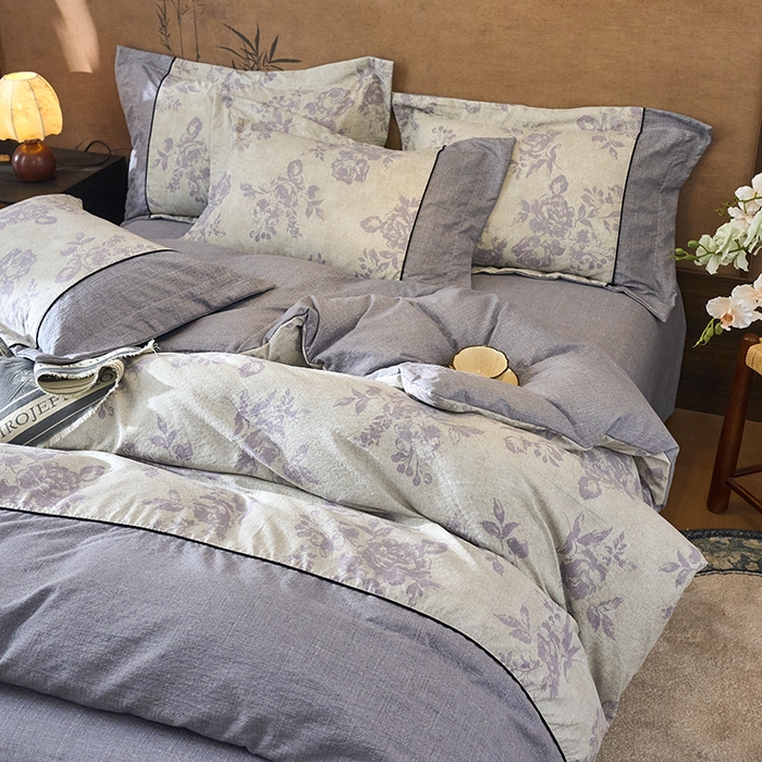 91家纺网 家纺一手货源 找家纺 悦织湾家纺 2025新款复古原麻四件套天然质朴舒适透气轻奢中式床单床笠款床上用品四件套 复古原麻-紫嫣