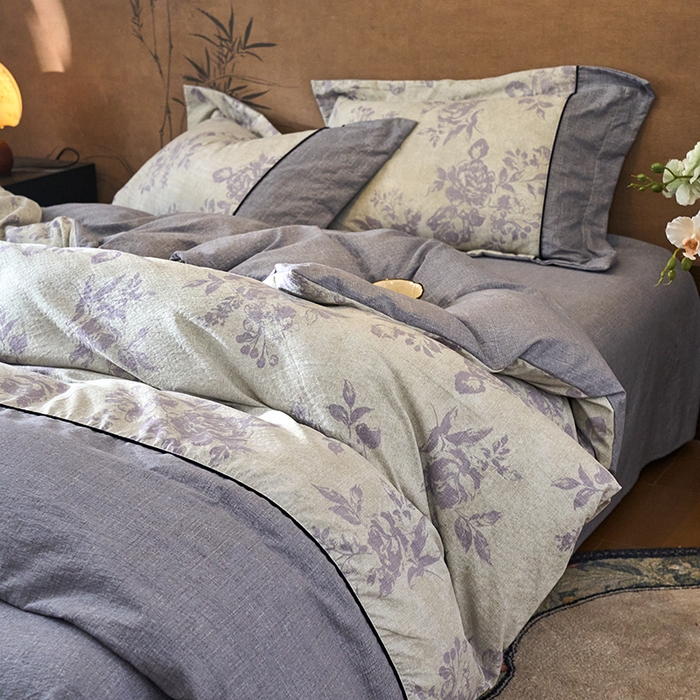 91家纺网 家纺一手货源 找家纺 悦织湾家纺 2025新款复古原麻四件套天然质朴舒适透气轻奢中式床单床笠款床上用品四件套 复古原麻-紫嫣