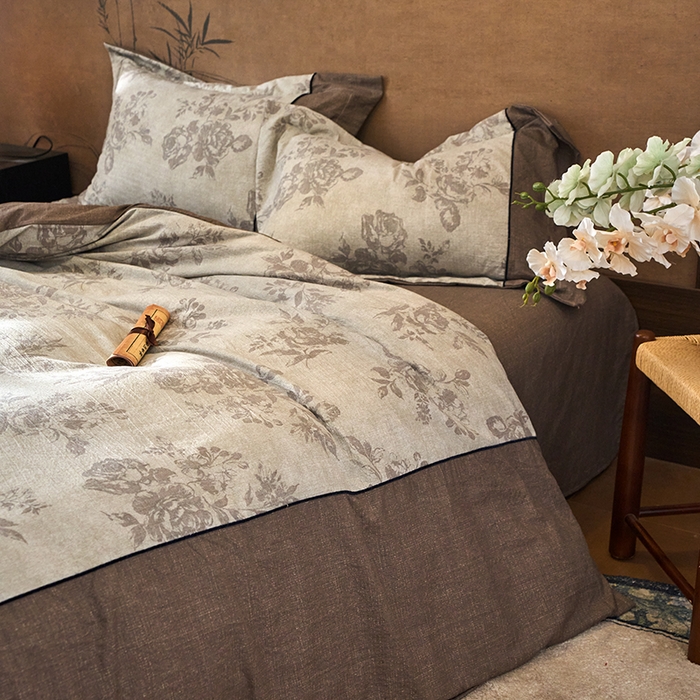 91家纺网 家纺一手货源 找家纺 悦织湾家纺 2025新款复古原麻四件套天然质朴舒适透气轻奢中式床单床笠款床上用品四件套 复古原麻-灰珀银霜