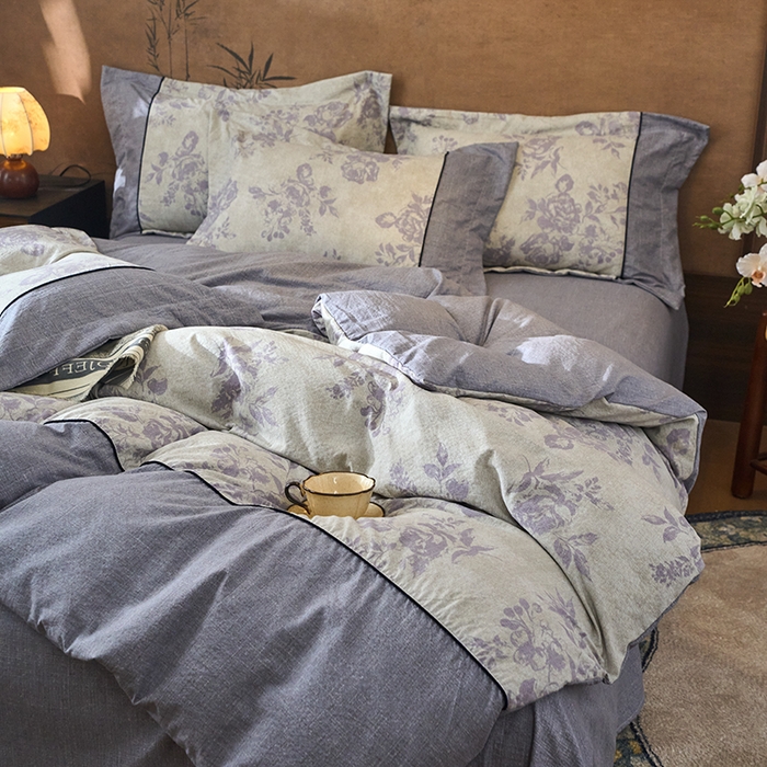 91家纺网 家纺一手货源 找家纺 悦织湾家纺 2025新款复古原麻四件套天然质朴舒适透气轻奢中式床单床笠款床上用品四件套 复古原麻-紫嫣