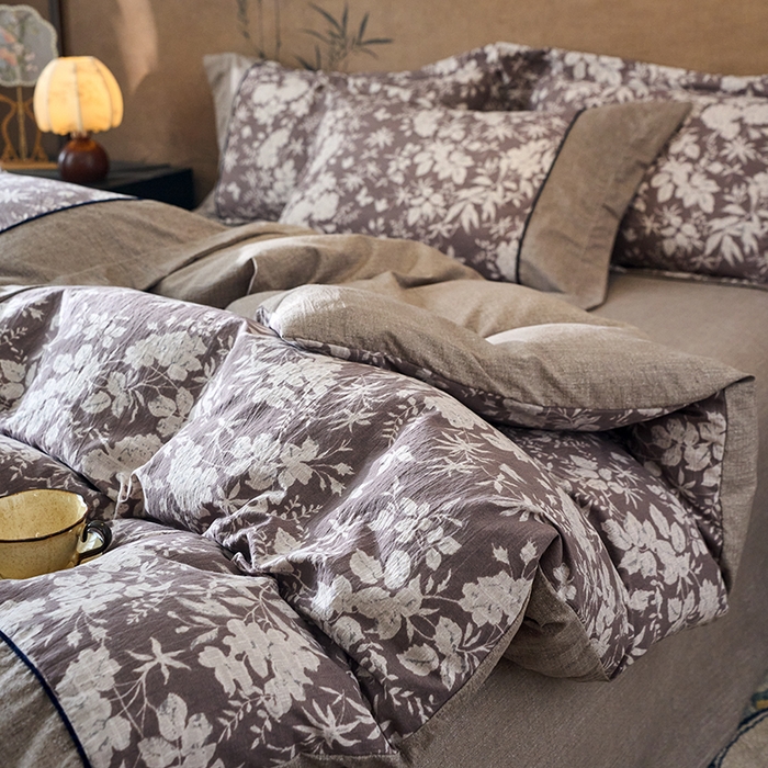 91家纺网 家纺一手货源 找家纺 悦织湾家纺 2025新款复古原麻四件套天然质朴舒适透气轻奢中式床单床笠款床上用品四件套 复古原麻-山野春花