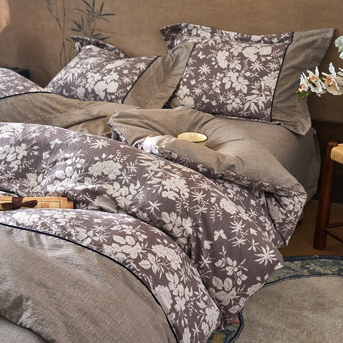 91家纺网 家纺一手货源 找家纺 悦织湾家纺 2025新款复古原麻四件套天然质朴舒适透气轻奢中式床单床笠款床上用品四件套 复古原麻-山野春花