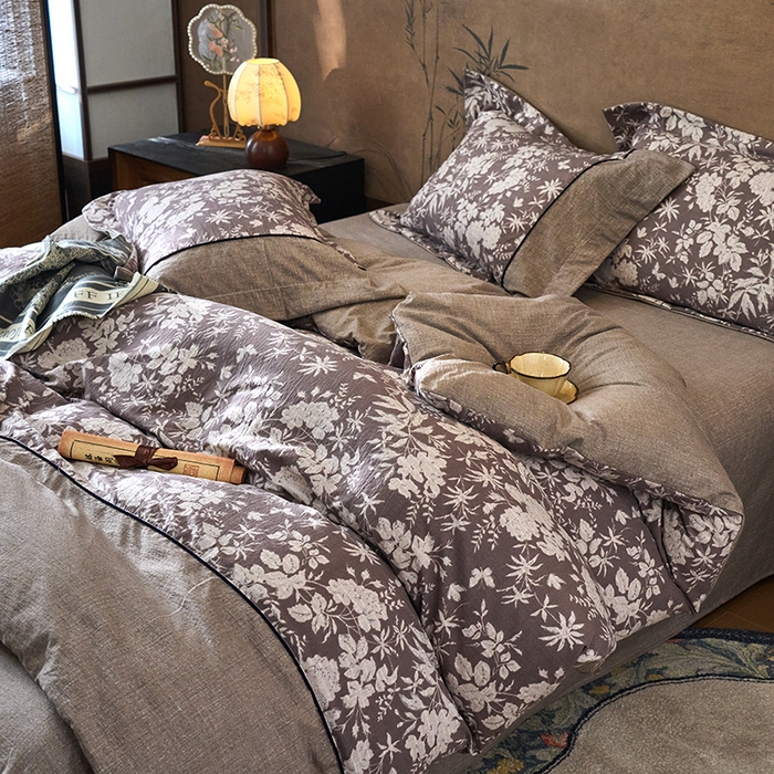 91家纺网 家纺一手货源 找家纺 悦织湾家纺 2025新款复古原麻四件套天然质朴舒适透气轻奢中式床单床笠款床上用品四件套 复古原麻-山野春花
