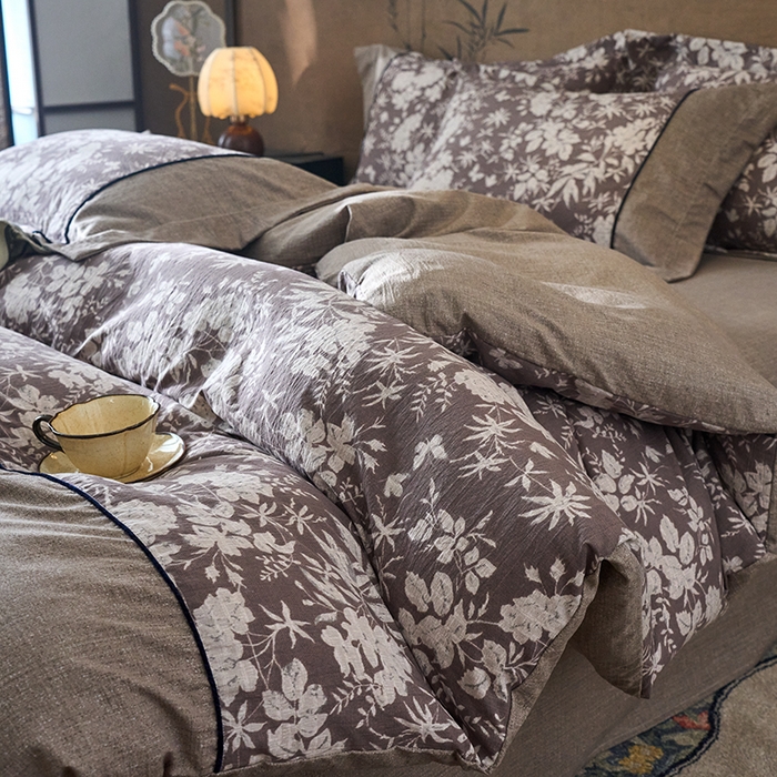 91家纺网 家纺一手货源 找家纺 悦织湾家纺 2025新款复古原麻四件套天然质朴舒适透气轻奢中式床单床笠款床上用品四件套 复古原麻-山野春花