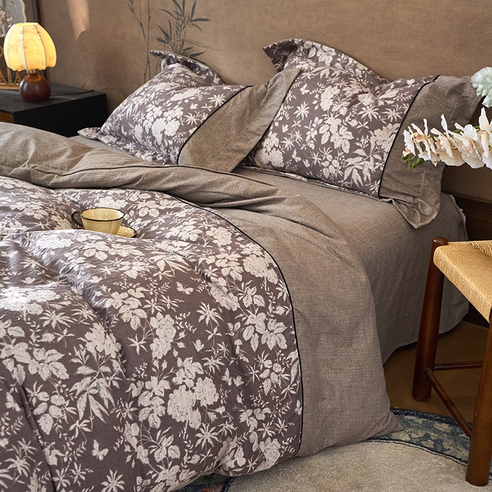 91家纺网 家纺一手货源 找家纺 悦织湾家纺 2025新款复古原麻四件套天然质朴舒适透气轻奢中式床单床笠款床上用品四件套 复古原麻-山野春花