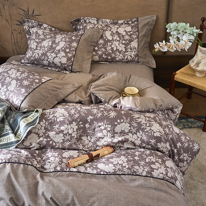 91家纺网 家纺一手货源 找家纺 悦织湾家纺 2025新款复古原麻四件套天然质朴舒适透气轻奢中式床单床笠款床上用品四件套 复古原麻-山野春花