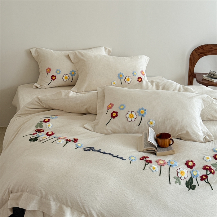绒棉世家 2025新款20%亚麻80%棉双层棉麻刺绣四件套 花梦榻-白