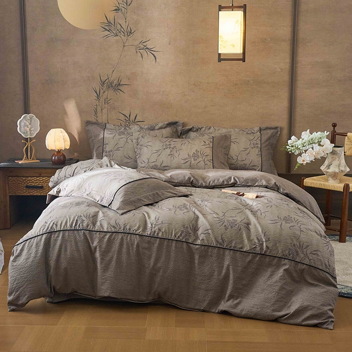 91家纺网 家纺一手货源 找家纺 悦织湾家纺 2025新款复古原麻四件套天然质朴舒适透气轻奢中式床单床笠款床上用品四件套 复古原麻-木槿咖