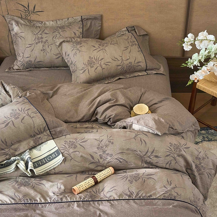 91家纺网 家纺一手货源 找家纺 悦织湾家纺 2025新款复古原麻四件套天然质朴舒适透气轻奢中式床单床笠款床上用品四件套 复古原麻-木槿咖