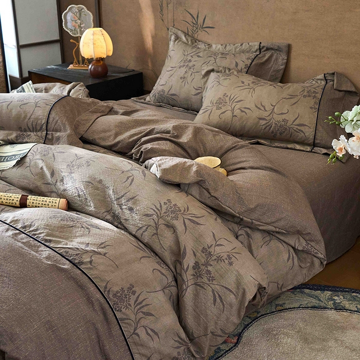 91家纺网 家纺一手货源 找家纺 悦织湾家纺 2025新款复古原麻四件套天然质朴舒适透气轻奢中式床单床笠款床上用品四件套 复古原麻-木槿咖