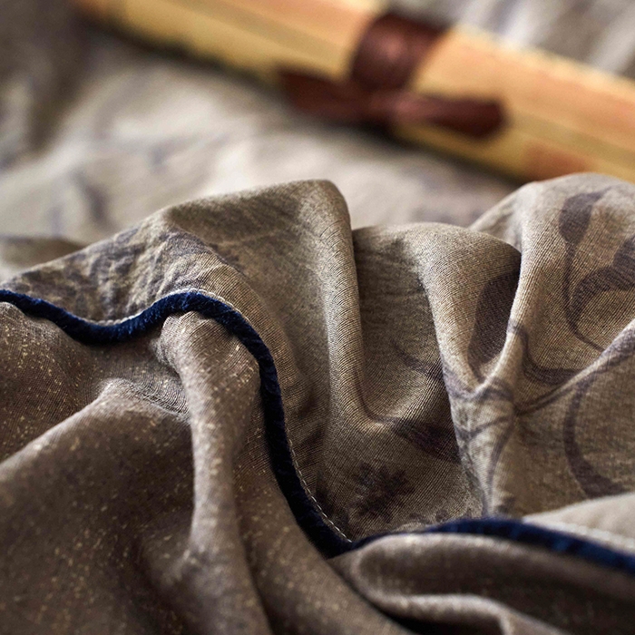 91家纺网 家纺一手货源 找家纺 悦织湾家纺 2025新款复古原麻四件套天然质朴舒适透气轻奢中式床单床笠款床上用品四件套 复古原麻-木槿咖