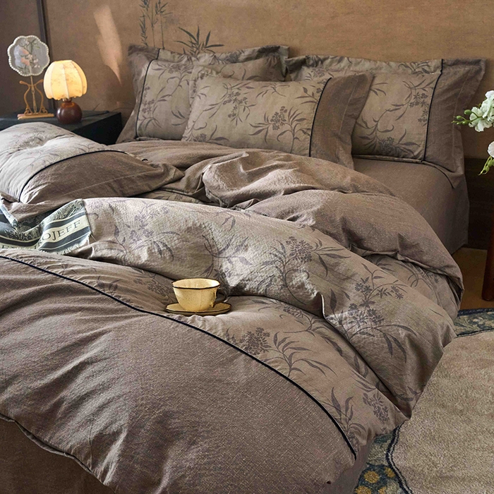 91家纺网 家纺一手货源 找家纺 悦织湾家纺 2025新款复古原麻四件套天然质朴舒适透气轻奢中式床单床笠款床上用品四件套 复古原麻-木槿咖