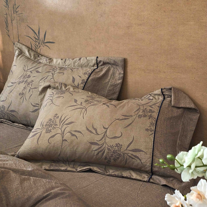 91家纺网 家纺一手货源 找家纺 悦织湾家纺 2025新款复古原麻四件套天然质朴舒适透气轻奢中式床单床笠款床上用品四件套 复古原麻-木槿咖