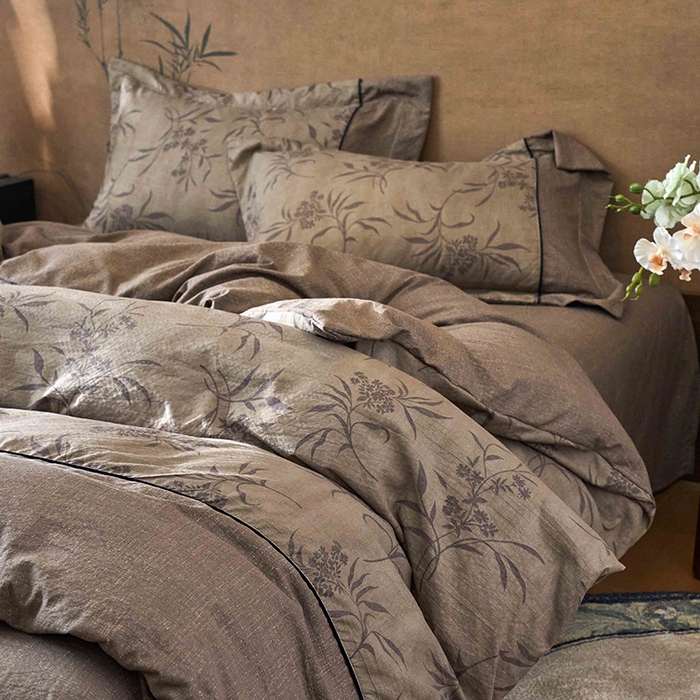 91家纺网 家纺一手货源 找家纺 悦织湾家纺 2025新款复古原麻四件套天然质朴舒适透气轻奢中式床单床笠款床上用品四件套 复古原麻-木槿咖