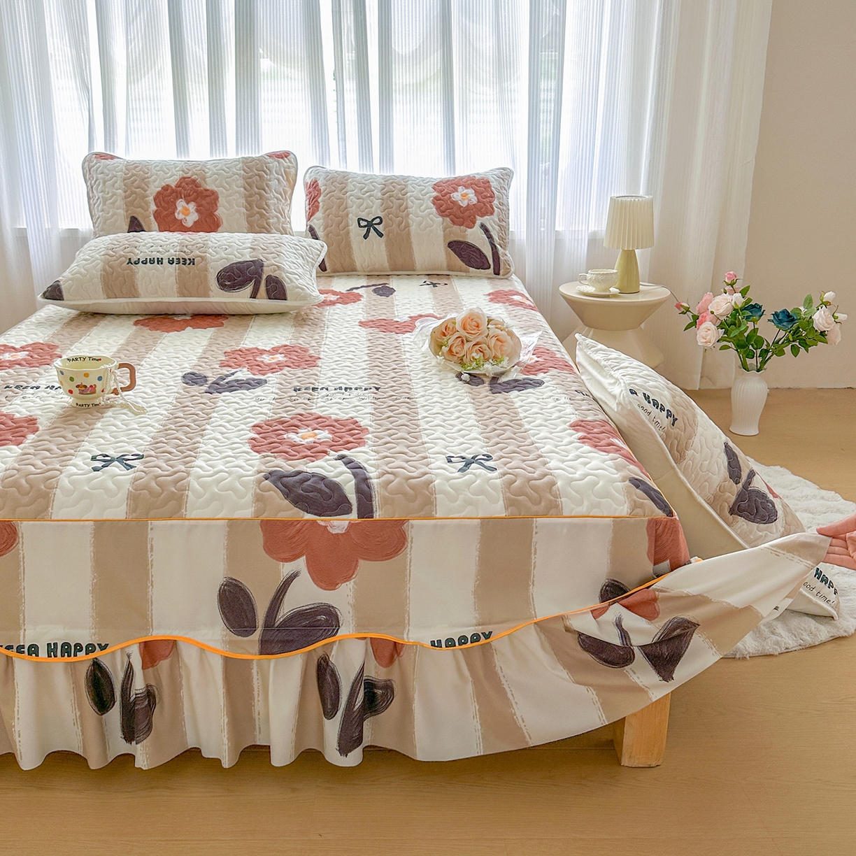 91家纺网 家纺一手货源 找家纺 笠裙家纺 2025新款磨毛夹棉S边单件三件套韩版防滑床裙单床裙床裙单件 宠爱