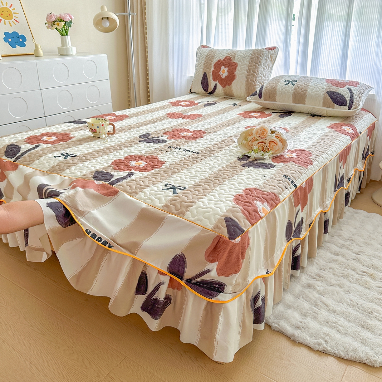 91家纺网 家纺一手货源 找家纺 笠裙家纺 2025新款磨毛夹棉S边单件三件套韩版防滑床裙单床裙床裙单件 宠爱