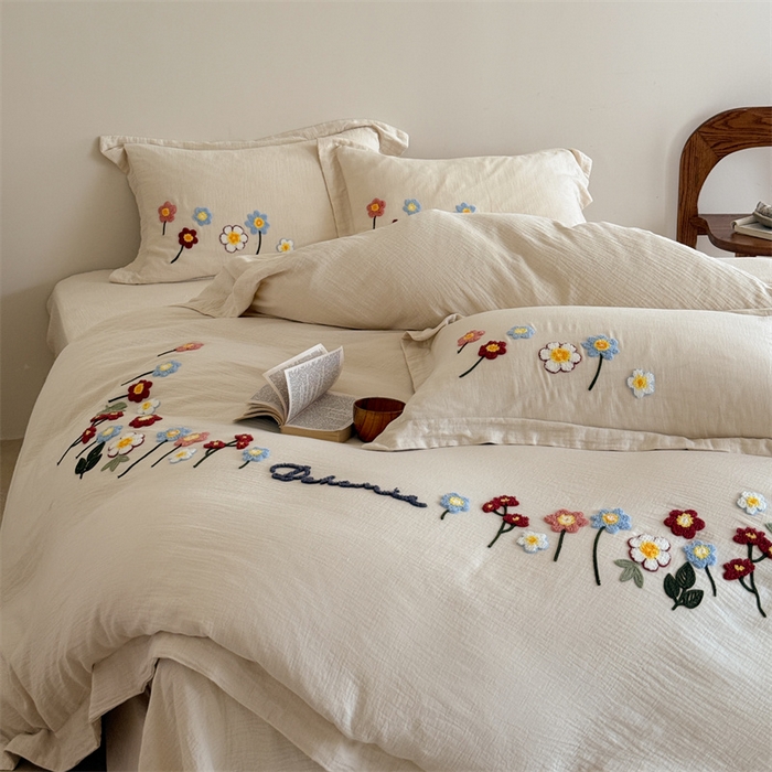 91家纺网 家纺一手货源 找家纺 绒棉世家 2025新款20%亚麻80%棉双层棉麻刺绣四件套 花梦榻-浅咖