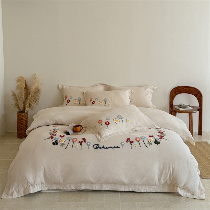 91家纺网 家纺一手货源 找家纺 绒棉世家 2025新款20%亚麻80%棉双层棉麻刺绣四件套 花梦榻-浅咖