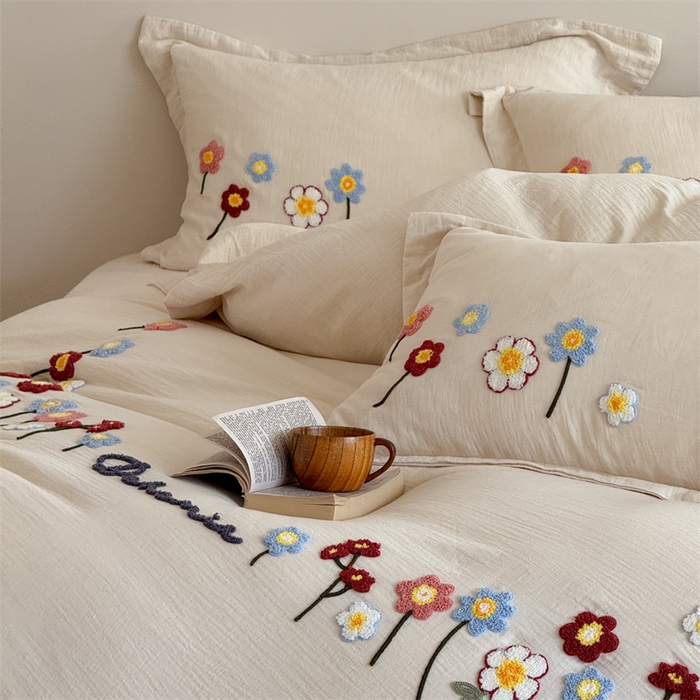 91家纺网 家纺一手货源 找家纺 绒棉世家 2025新款20%亚麻80%棉双层棉麻刺绣四件套 花梦榻-浅咖