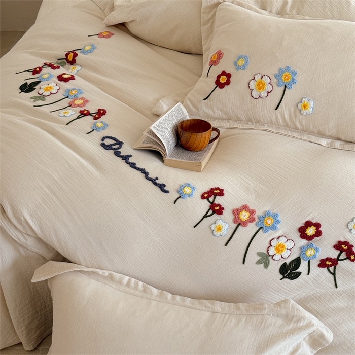 91家纺网 家纺一手货源 找家纺 绒棉世家 2025新款20%亚麻80%棉双层棉麻刺绣四件套 花梦榻-浅咖