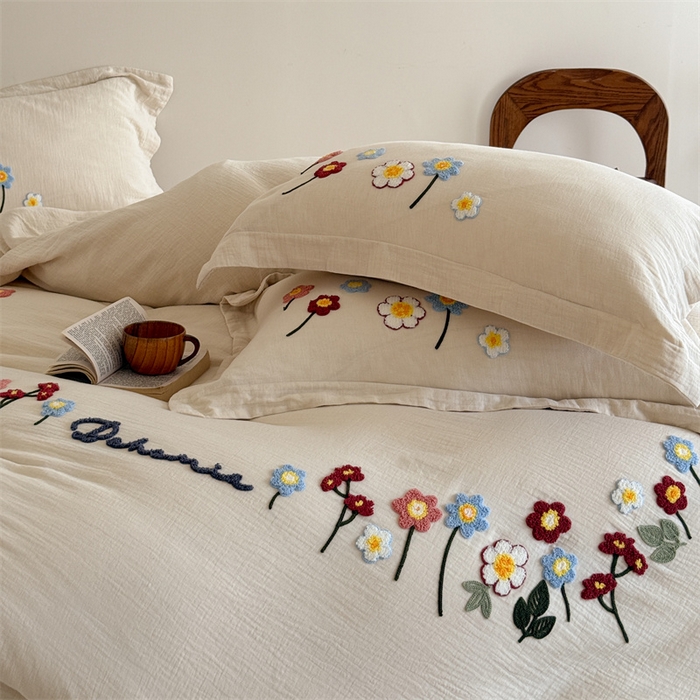 91家纺网 家纺一手货源 找家纺 绒棉世家 2025新款20%亚麻80%棉双层棉麻刺绣四件套 花梦榻-浅咖