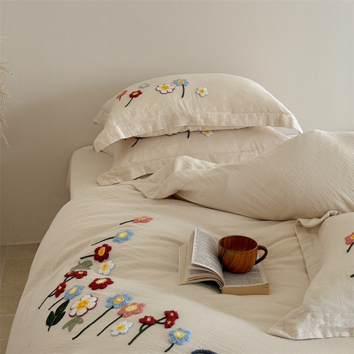 91家纺网 家纺一手货源 找家纺 绒棉世家 2025新款20%亚麻80%棉双层棉麻刺绣四件套 花梦榻-浅咖