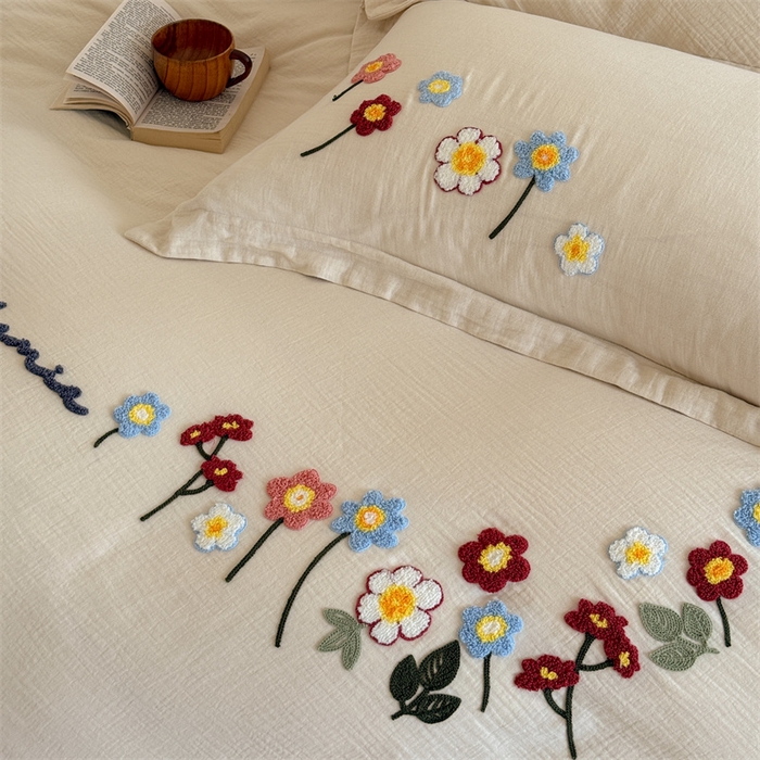 91家纺网 家纺一手货源 找家纺 绒棉世家 2025新款20%亚麻80%棉双层棉麻刺绣四件套 花梦榻-浅咖