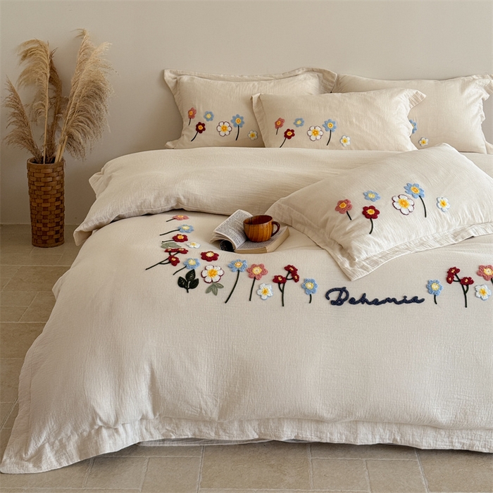 91家纺网 家纺一手货源 找家纺 绒棉世家 2025新款20%亚麻80%棉双层棉麻刺绣四件套 花梦榻-浅咖