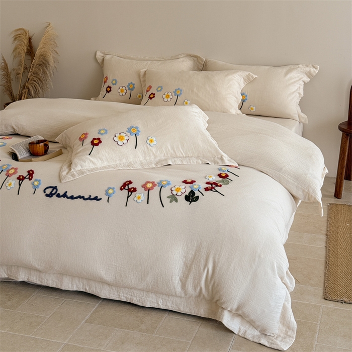 91家纺网 家纺一手货源 找家纺 绒棉世家 2025新款20%亚麻80%棉双层棉麻刺绣四件套 花梦榻-浅咖