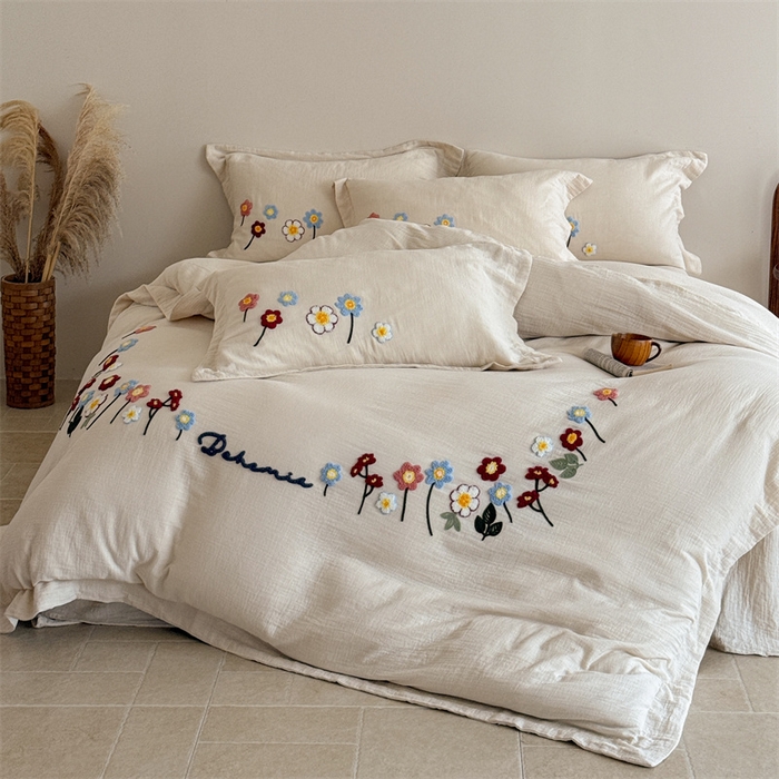 91家纺网 家纺一手货源 找家纺 绒棉世家 2025新款20%亚麻80%棉双层棉麻刺绣四件套 花梦榻-浅咖