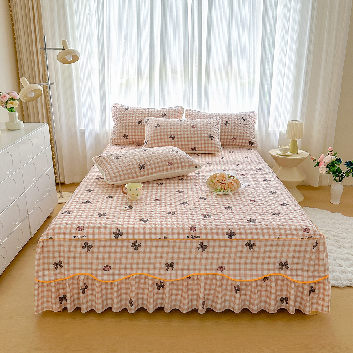 91家纺网 家纺一手货源 找家纺 笠裙家纺 2025新款磨毛夹棉S边单件三件套韩版防滑床裙单床裙床裙单件 蝶恋