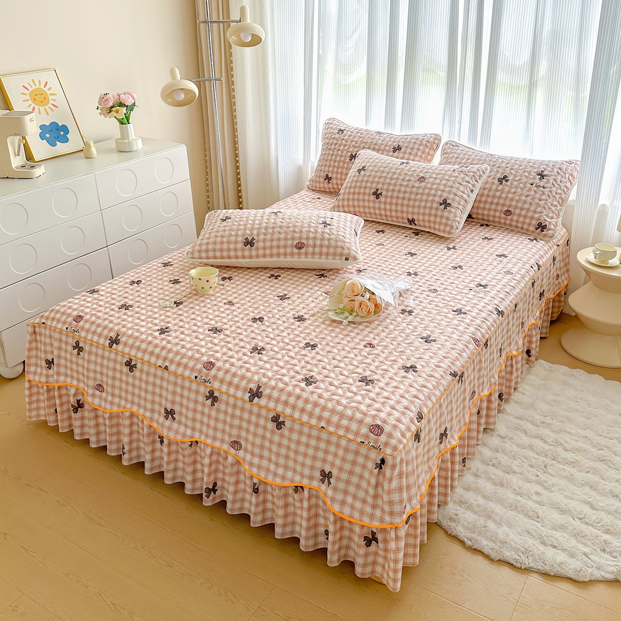 91家纺网 家纺一手货源 找家纺 笠裙家纺 2025新款磨毛夹棉S边单件三件套韩版防滑床裙单床裙床裙单件 蝶恋