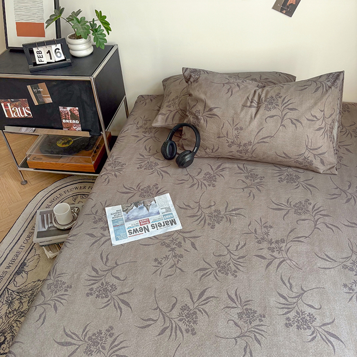 91家纺网 家纺一手货源 找家纺 悦织湾家纺 2025新款复古原麻床笠天然质朴舒适透气轻奢中式典雅精致单床笠床笠单品枕套三件套 复古原麻-木槿咖