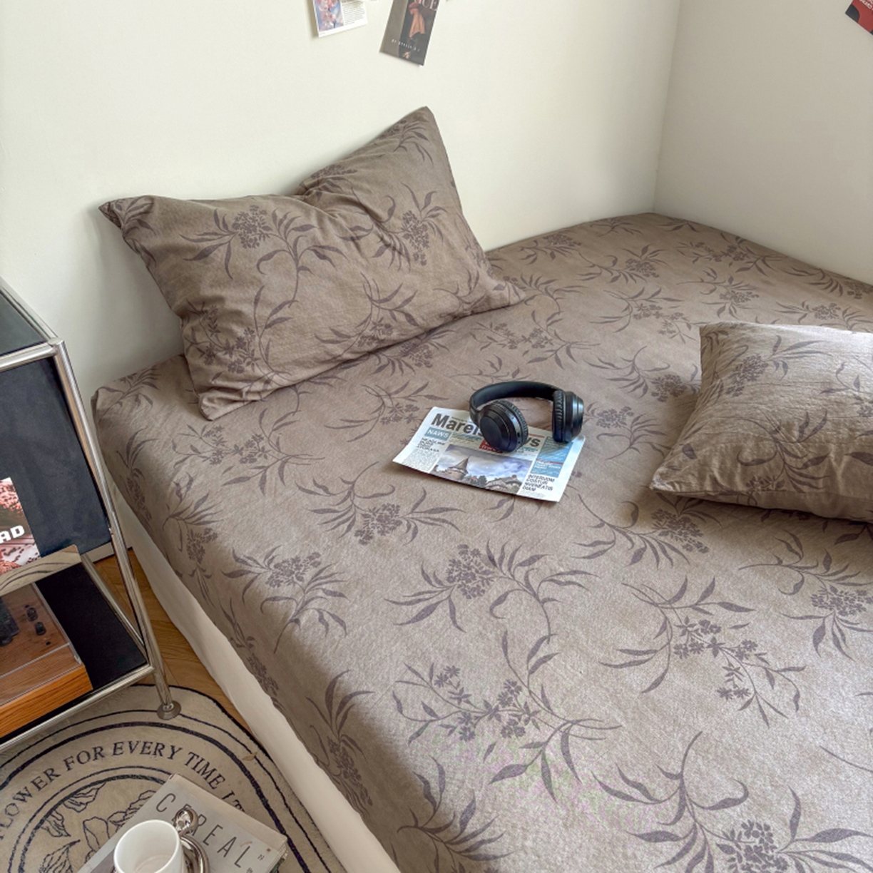 91家纺网 家纺一手货源 找家纺 悦织湾家纺 2025新款复古原麻床笠天然质朴舒适透气轻奢中式典雅精致单床笠床笠单品枕套三件套 复古原麻-木槿咖