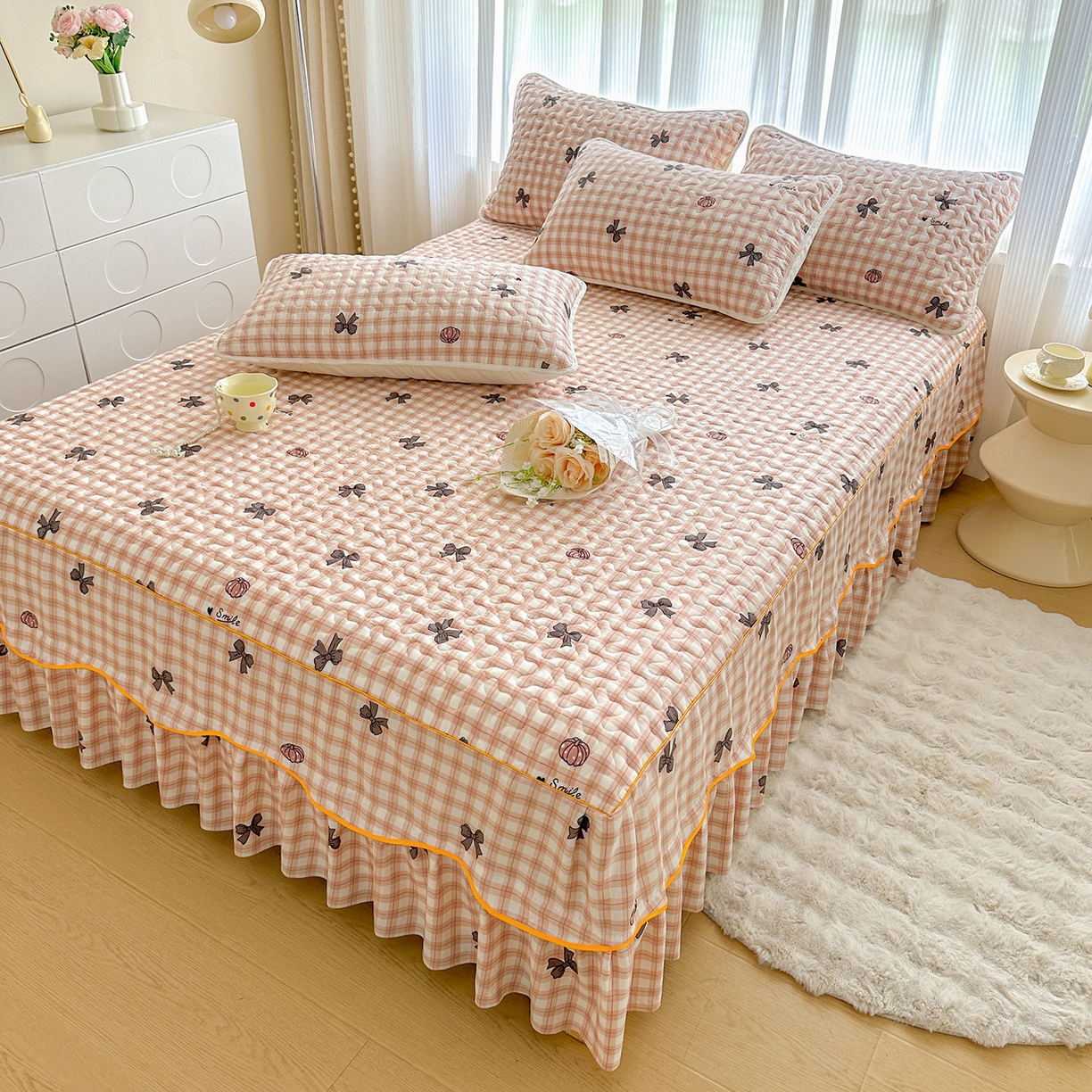 91家纺网 家纺一手货源 找家纺 笠裙家纺 2025新款磨毛夹棉S边单件三件套韩版防滑床裙单床裙床裙单件 蝶恋